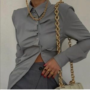 Zara Asymmetrical Button down ruched grey top. Limited Edition